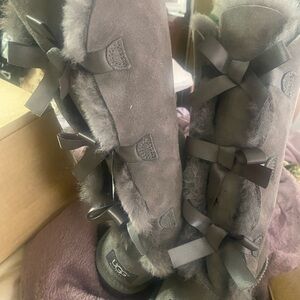 UGG Gray Fur Boots with Ribbon Details